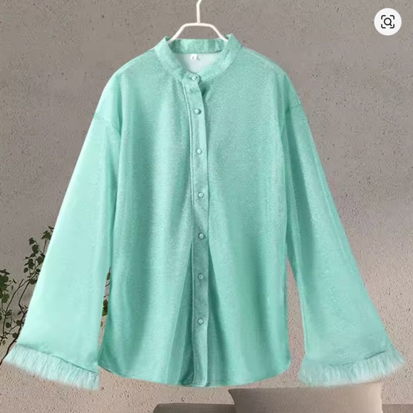 Shiny Long Sleeve Feather Button Down Shirt - Small - Picture 1 of 2
